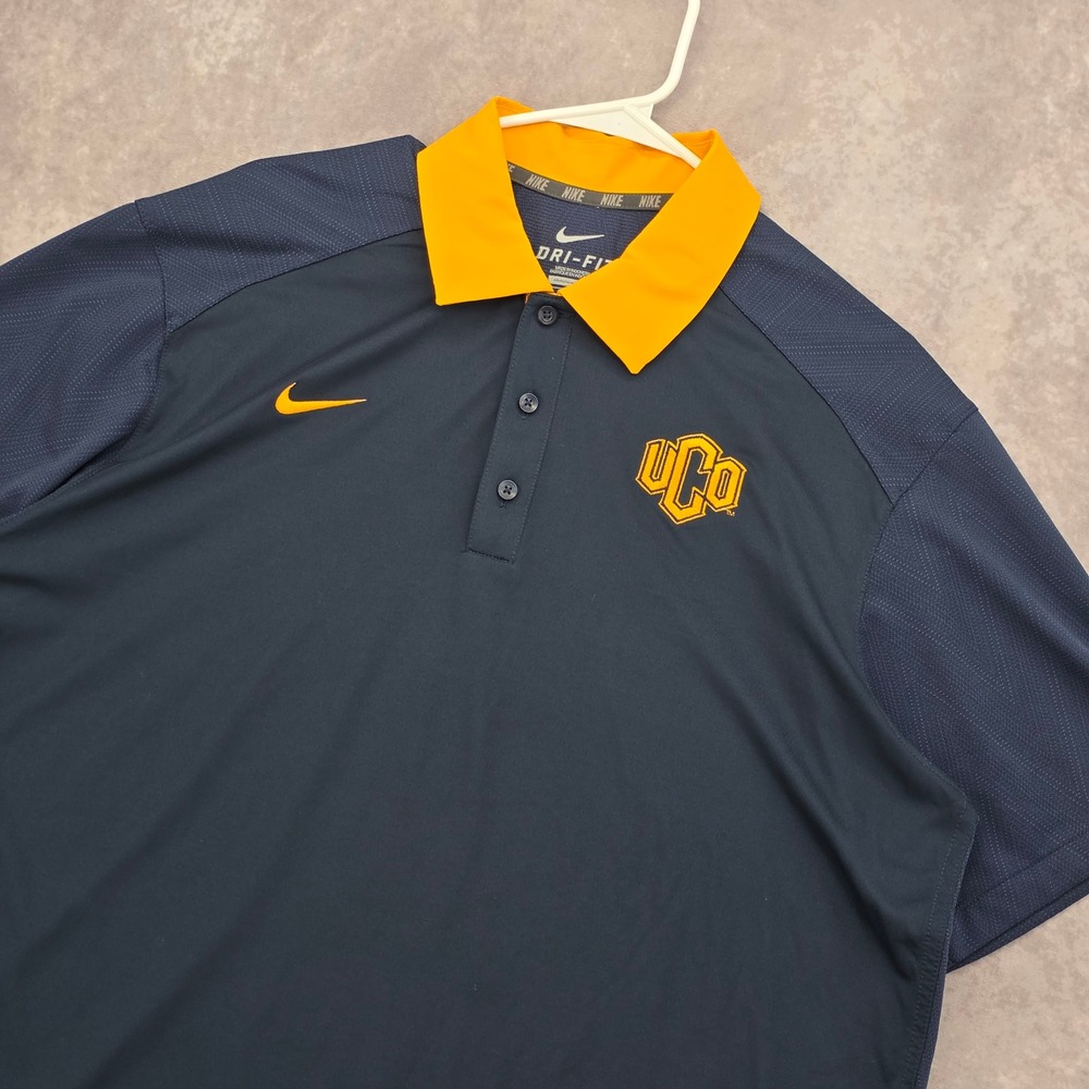 Nike Golf Polo Shirt  Mens XL Dri-FIT Navy Blue Yellow UCO Bronchos Short Sleeve